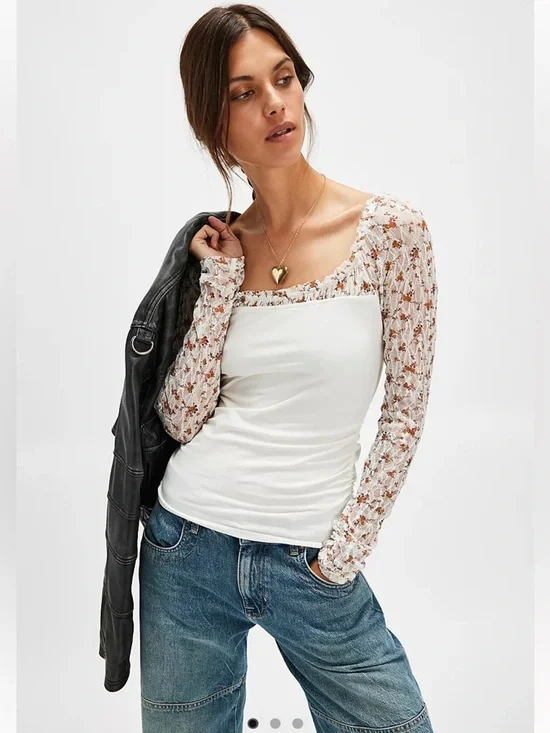 FREE PEOPLE Floral LaceSleeve JOSIE Twofer Top NWT - Picture 3 of 9